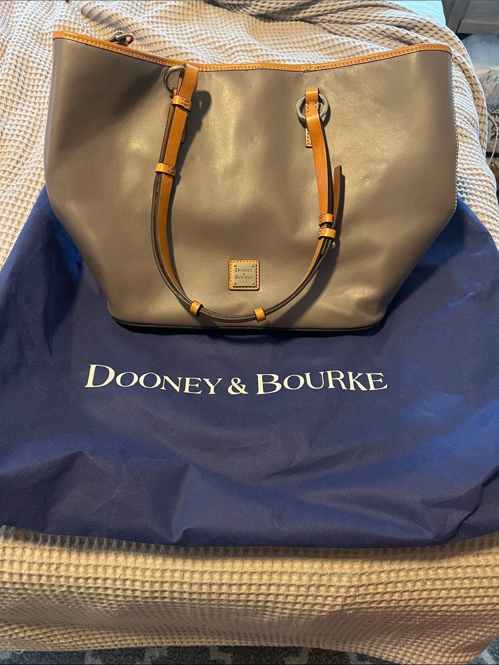 Dooney & Bourke Gray Leather Tote with Tan Trim and Straps